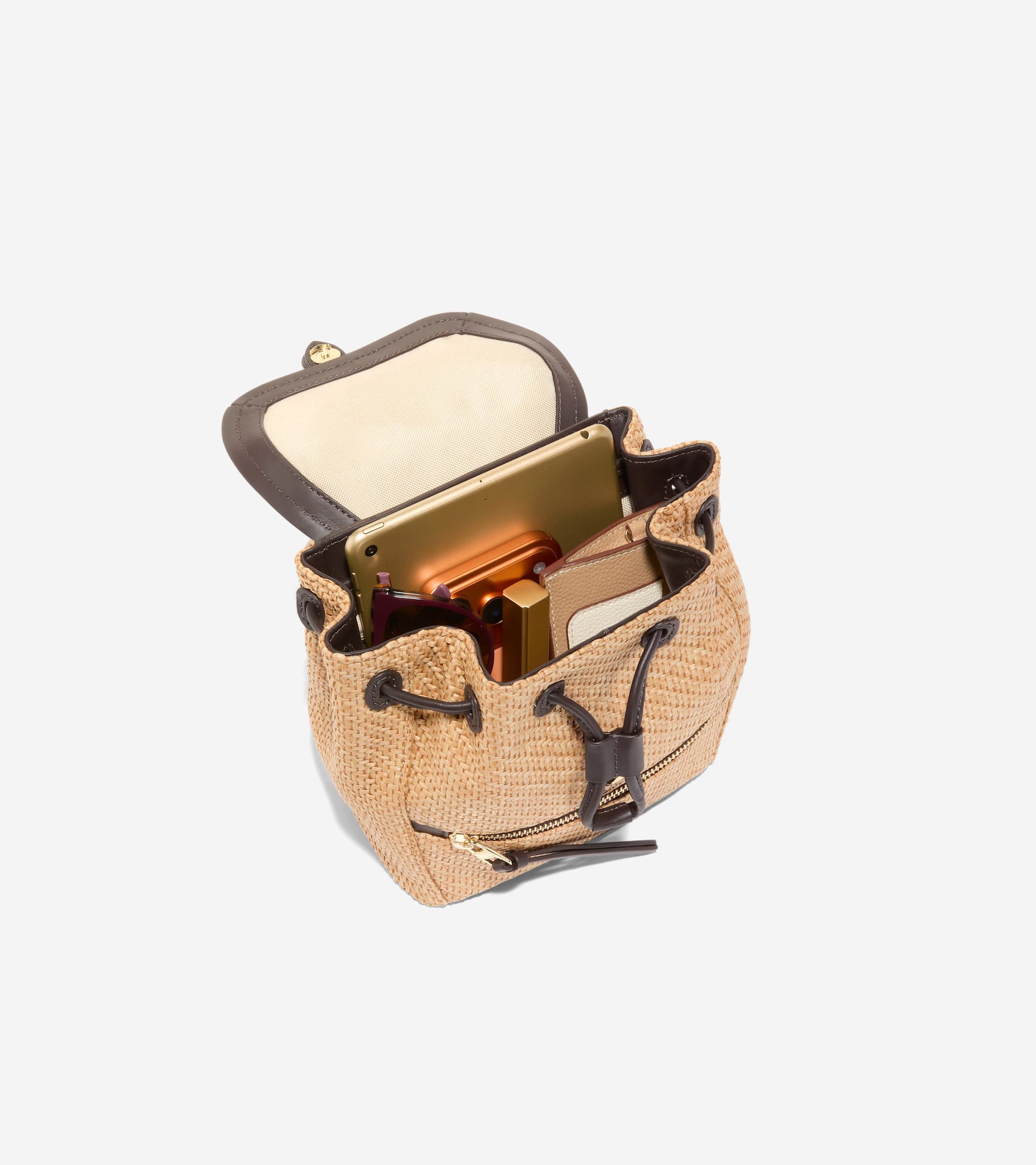 Women's Alexandria Flap Small Backpack-Natural Raffia-Dark Chocolate