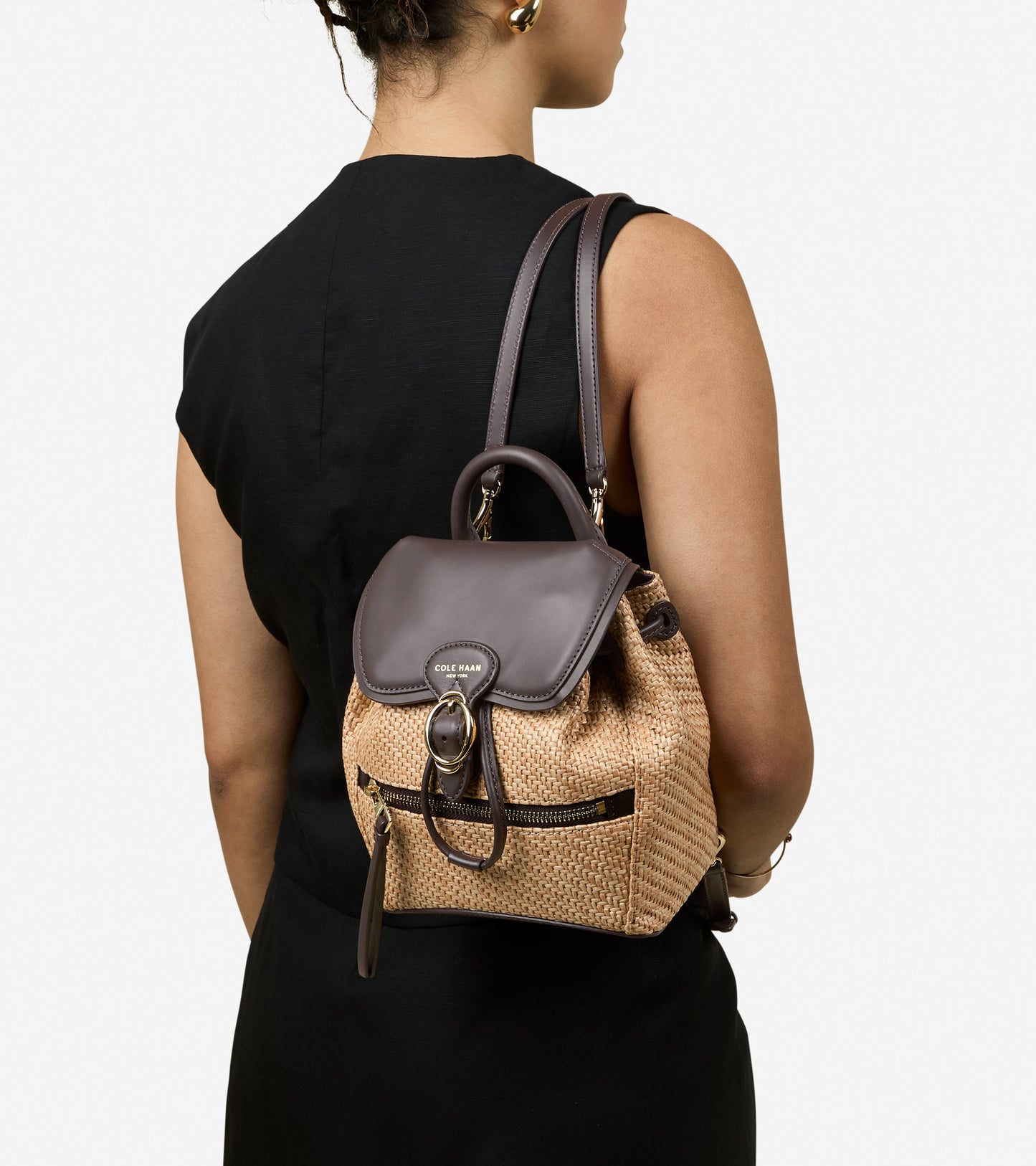 Women's Alexandria Flap Small Backpack-Natural Raffia-Dark Chocolate