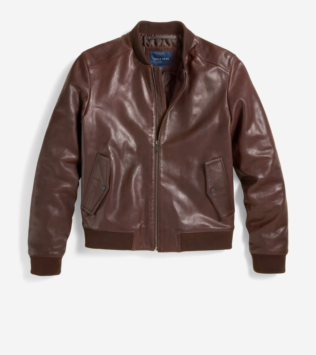 Men's Vintage Effect Leather Bomber Jacket-Brown