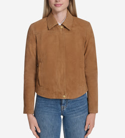 Women's Suede Shirt Collar Bomber Jacket-Hazelnut