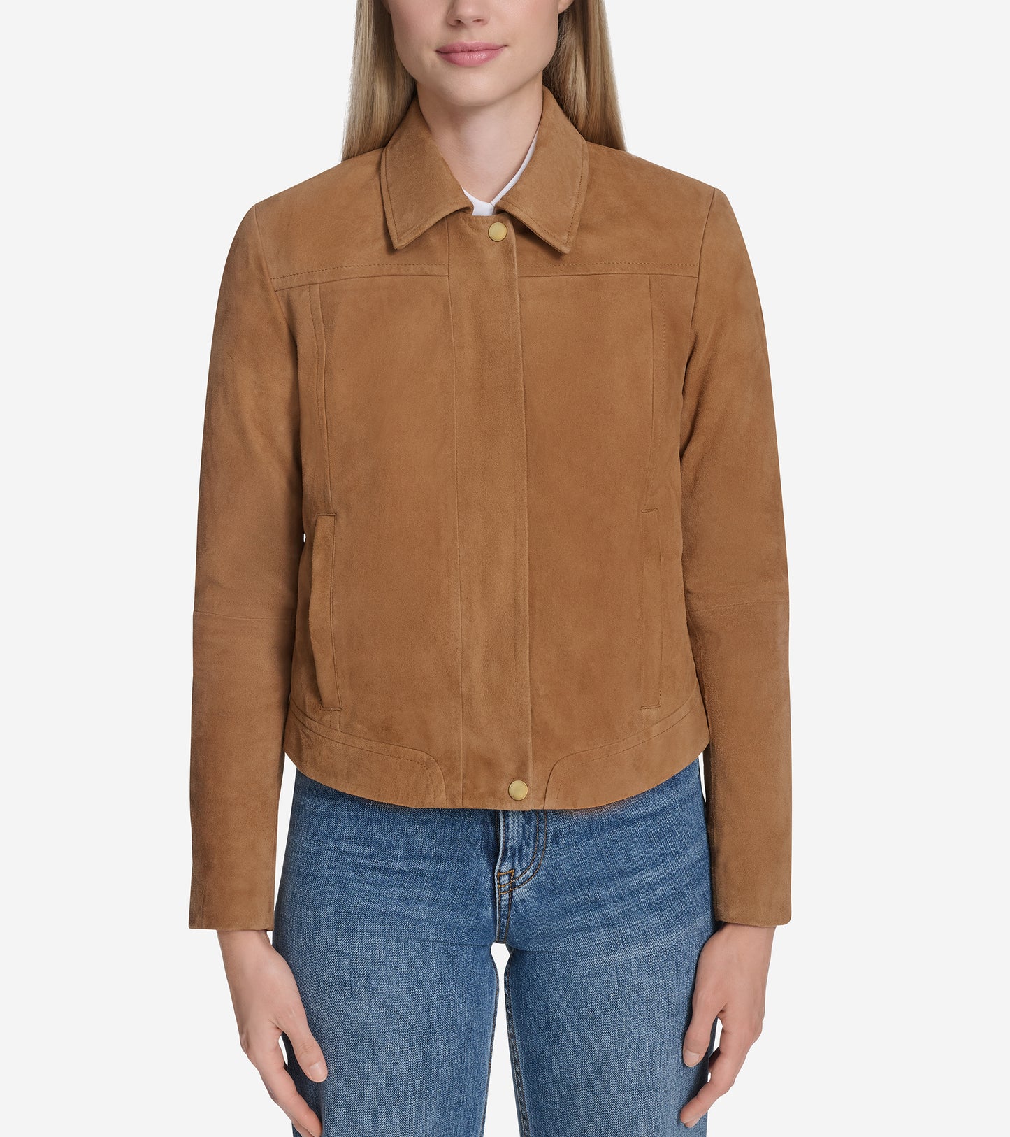 Women's Suede Shirt Collar Bomber Jacket-Hazelnut