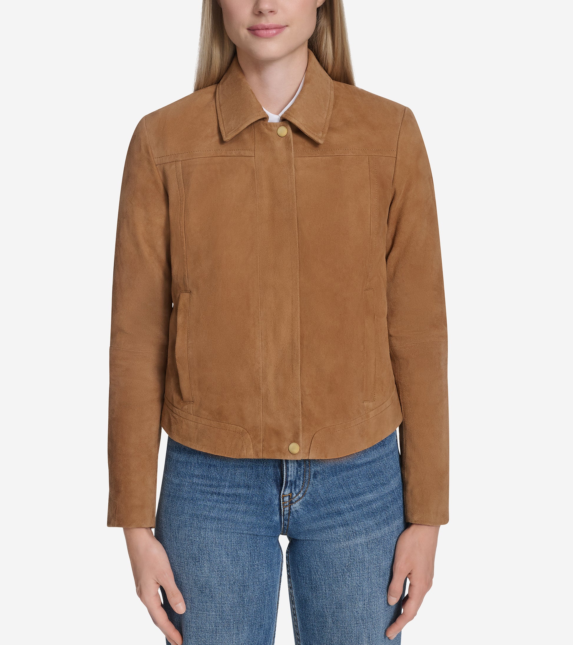 Women's Suede Shirt Collar Bomber Jacket-Hazelnut
