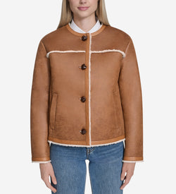 Women's Waxed Suede Shearling Collarless Jacket-Hazelnut
