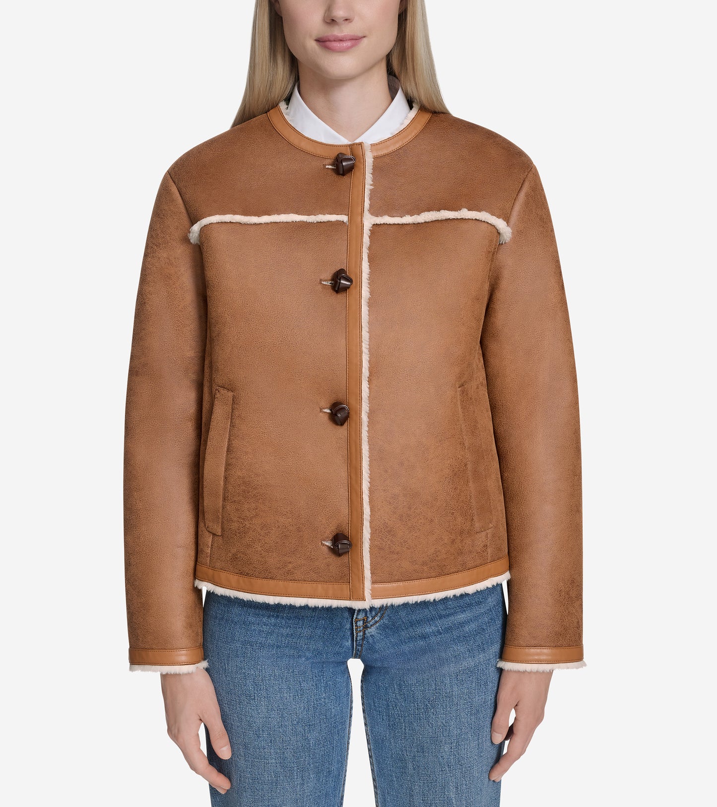 Women's Waxed Suede Shearling Collarless Jacket-Hazelnut