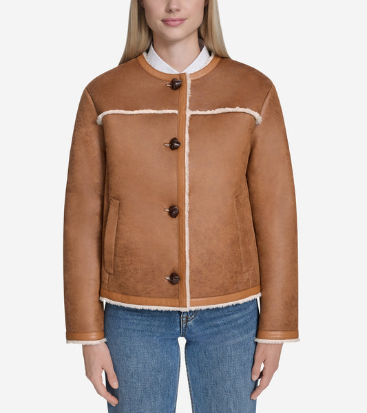 Women's Waxed Suede Shearling Collarless Jacket-Hazelnut