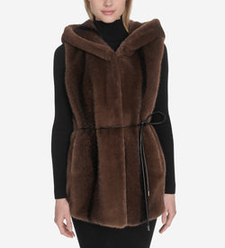 Women's Faux Mink Belted Vest-Brown