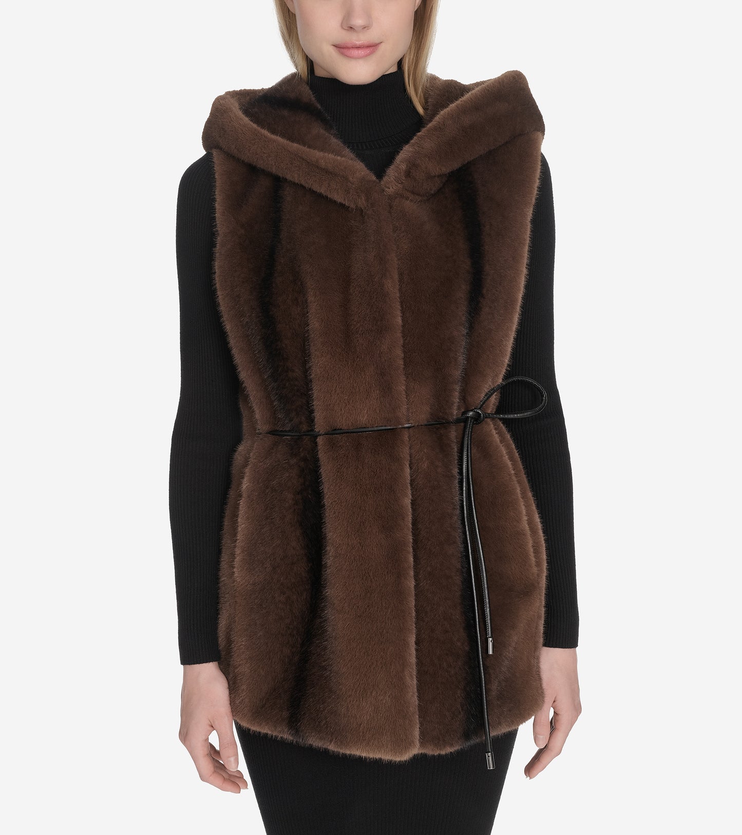 Women's Faux Mink Belted Vest-Brown