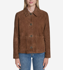 Women's Suede Shirt Collar Trucker Jacket-Chocolate