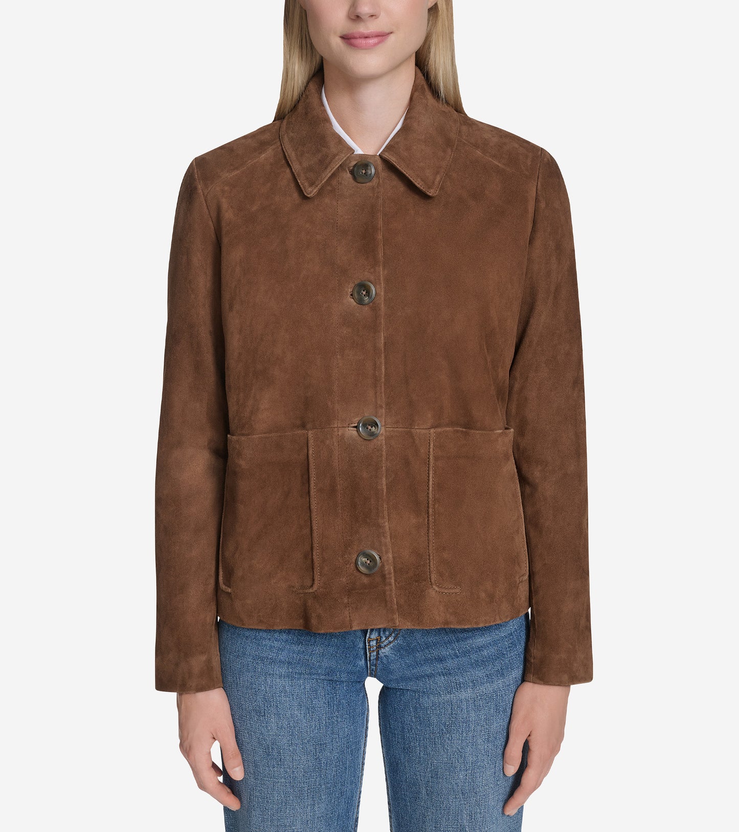 Women's Suede Shirt Collar Trucker Jacket-Chocolate
