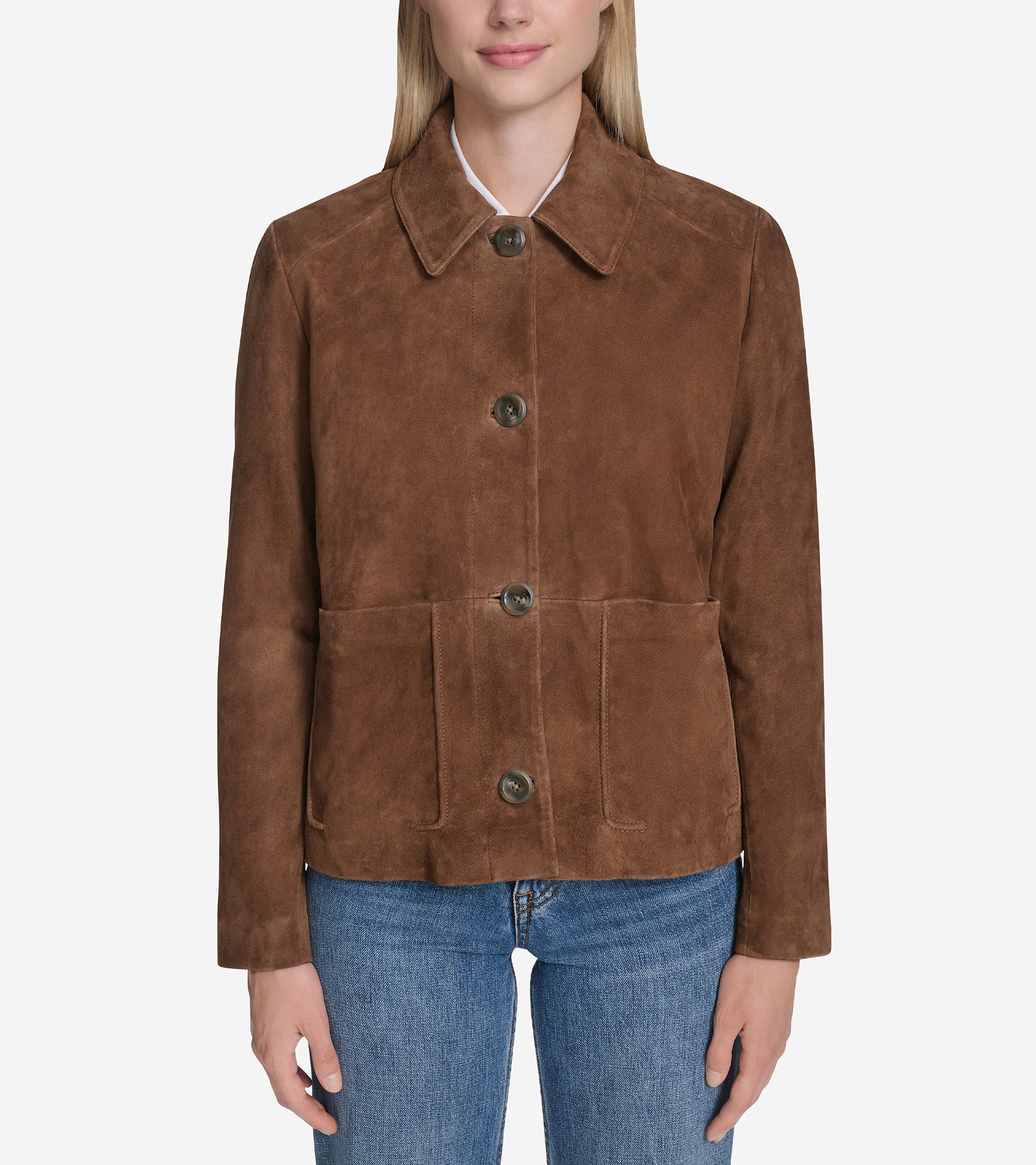 Women's Suede Shirt Collar Trucker Jacket-Chocolate