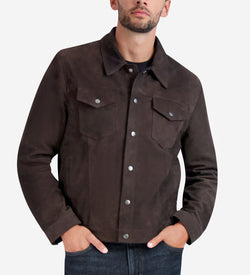 Men's Suede Trucker Jacket-Dark Chocolate