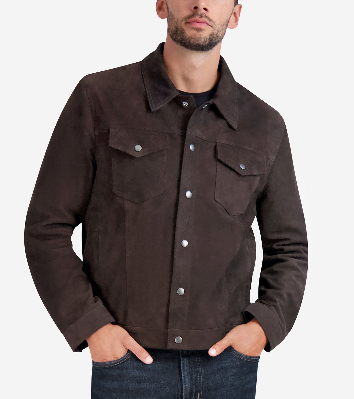 Men's Suede Trucker Jacket-Dark Chocolate