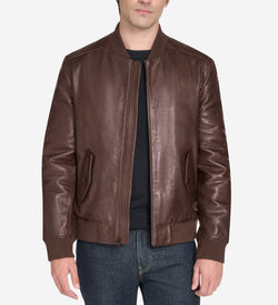 Men's Vintage Effect Leather Bomber Jacket-Brown