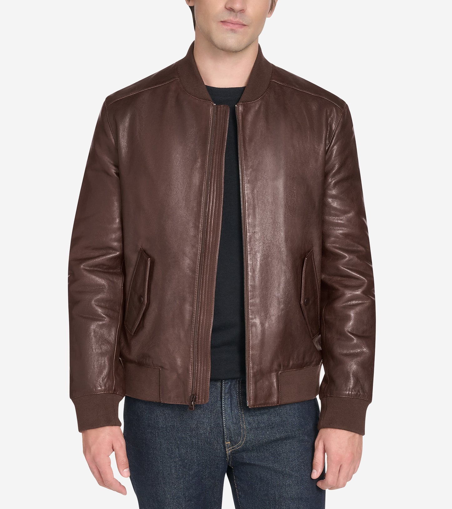Men's Vintage Effect Leather Bomber Jacket-Brown