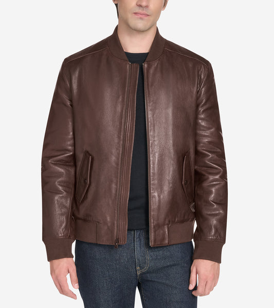 Men's Vintage Effect Leather Bomber Jacket-Brown
