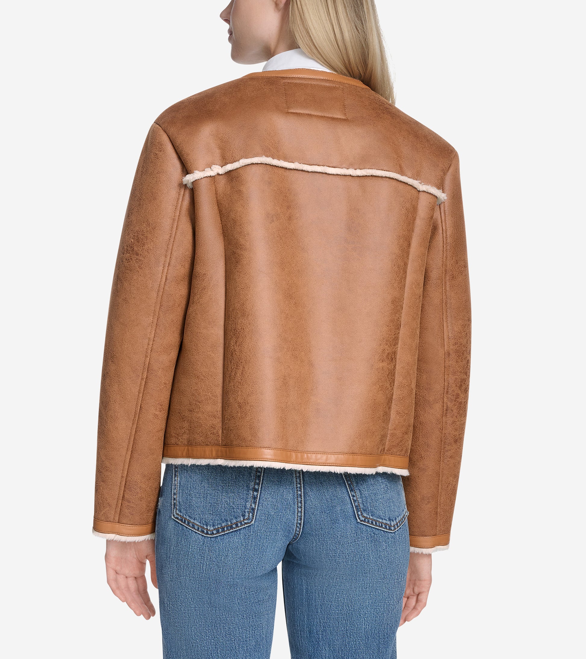 Women's Waxed Suede Shearling Collarless Jacket-Hazelnut