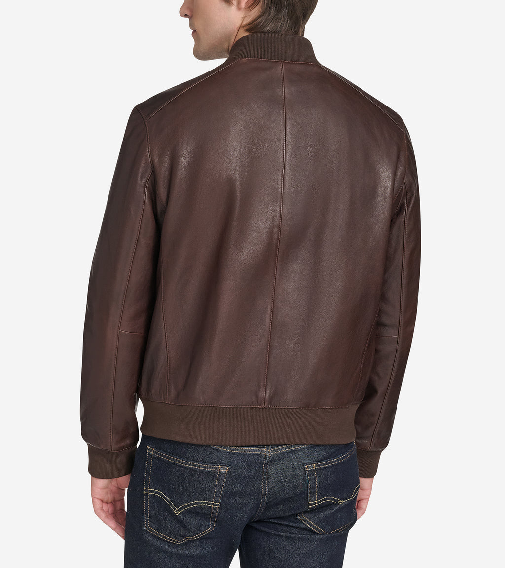 Men's Vintage Effect Leather Bomber Jacket-Brown