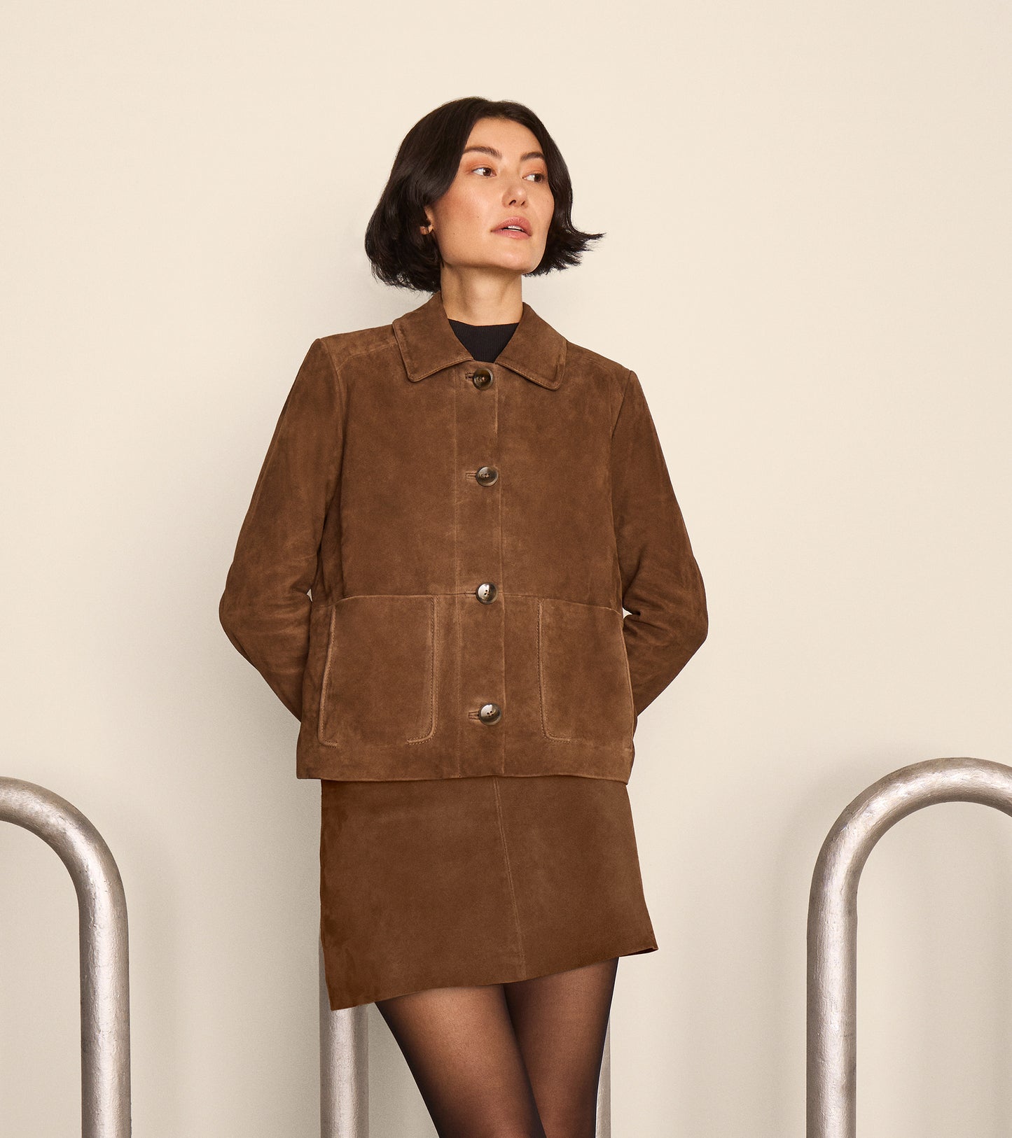 Women's Suede Shirt Collar Trucker Jacket-Chocolate